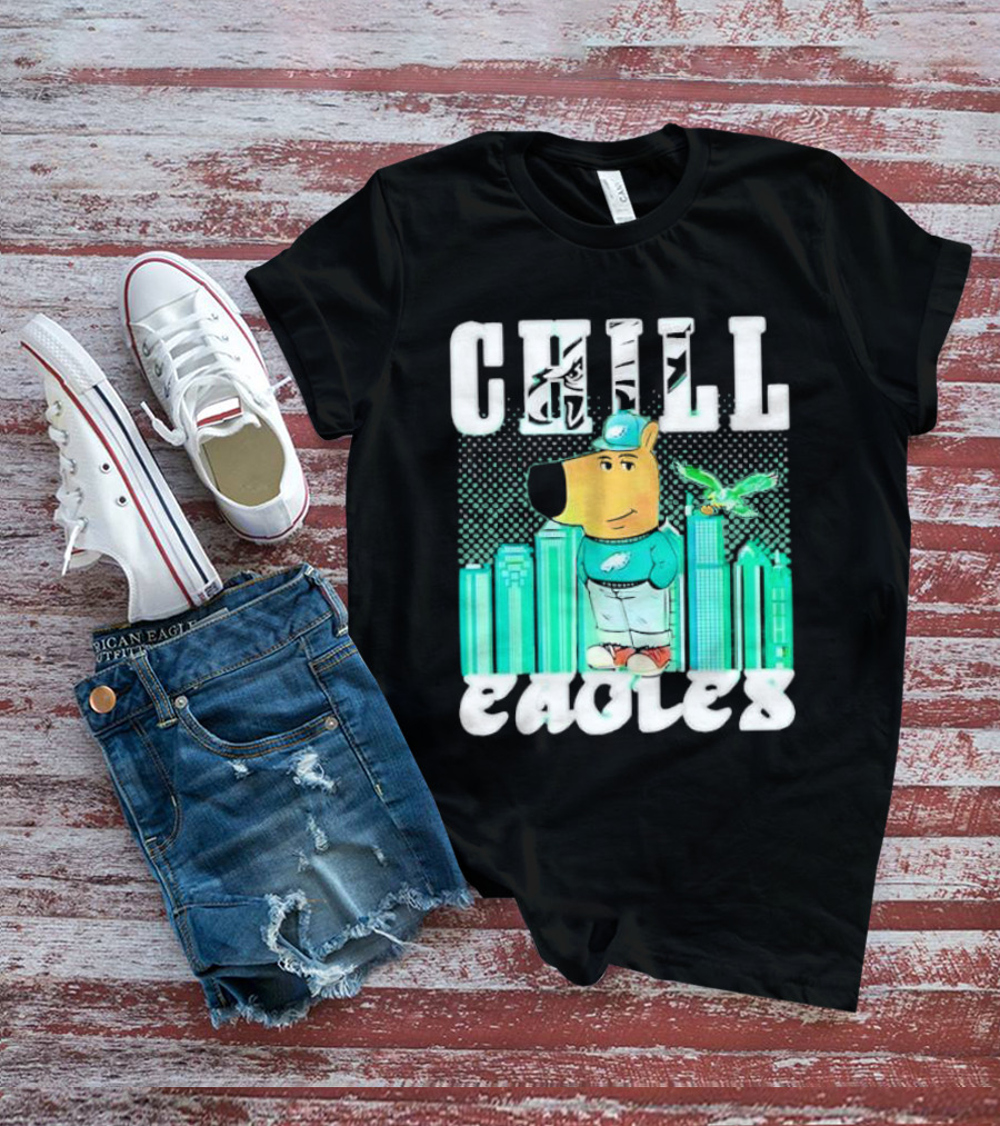 Philadelphia Eagles Chill Character With City Skyline And Cartoon Bird T-Shirt