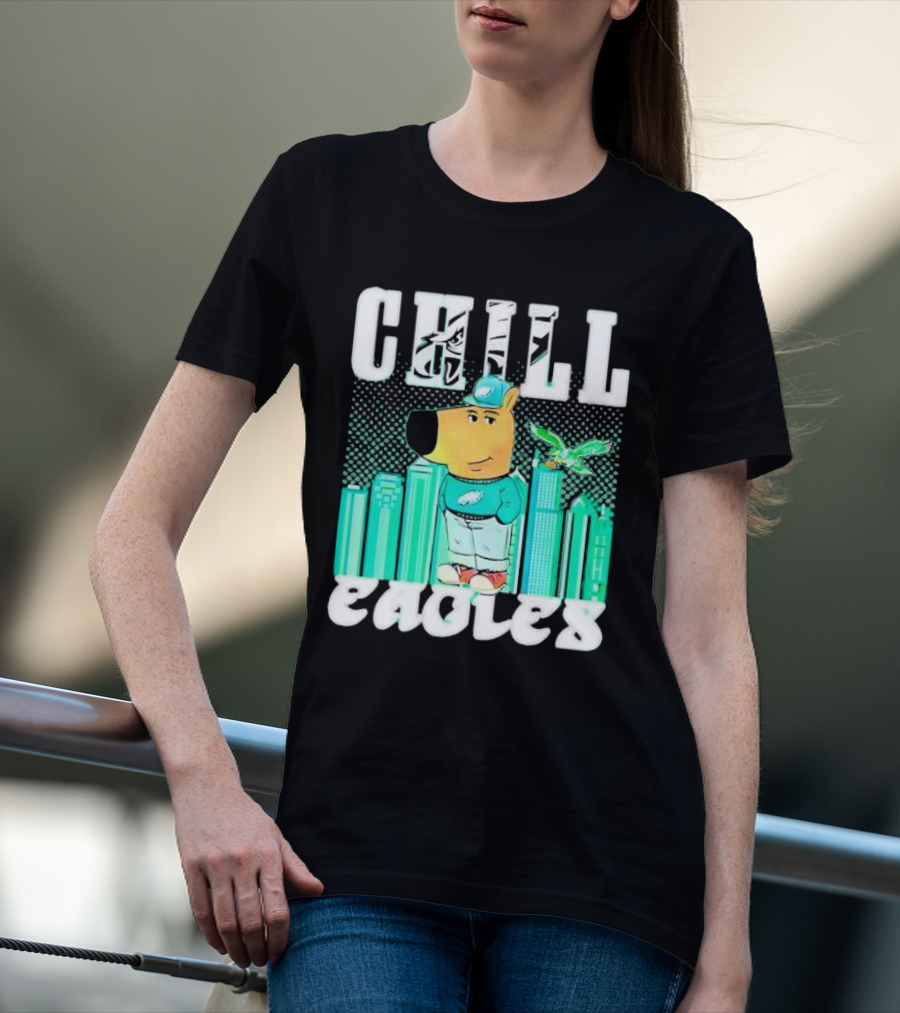 Philadelphia Eagles Chill Character With City Skyline And Cartoon Bird T-Shirt
