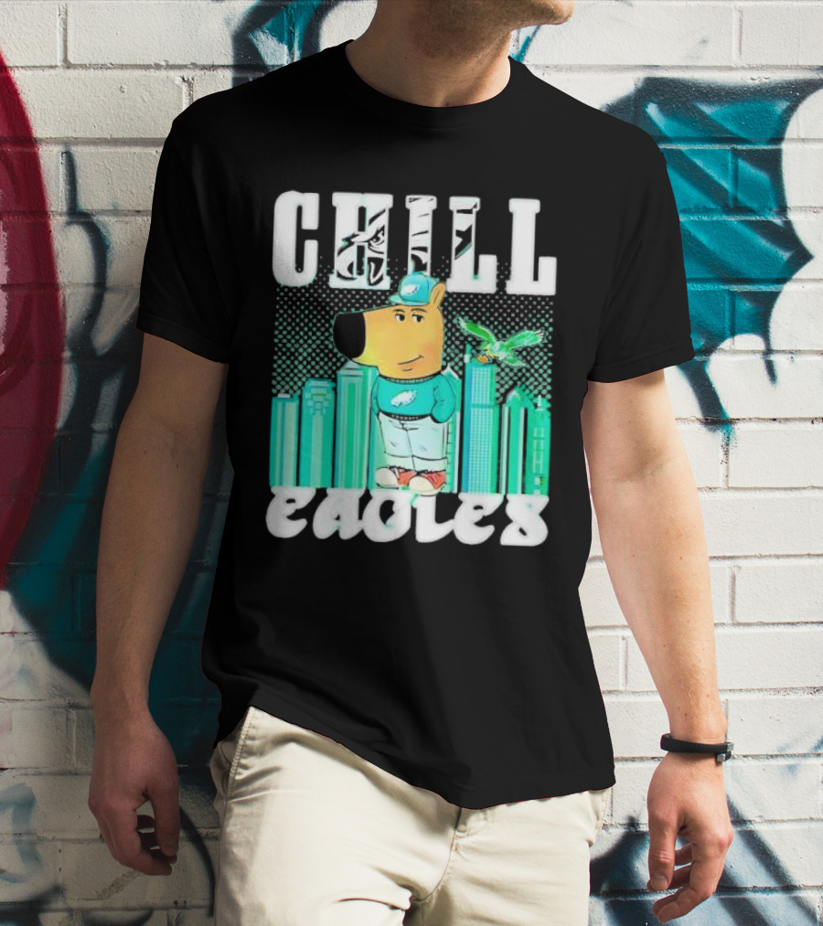 Philadelphia Eagles Chill Character With City Skyline And Cartoon Bird T-Shirt