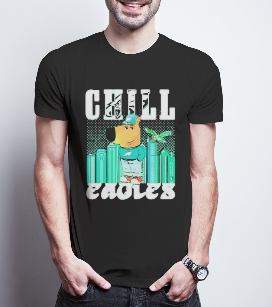 Philadelphia Eagles Chill Character With City Skyline And Cartoon Bird T-Shirt