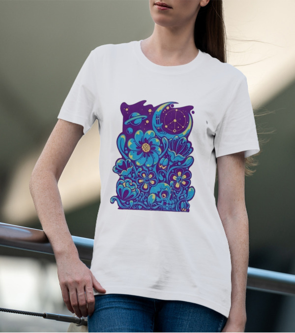 Zazz Corp White Cosmic Floral Planets Constellation T-Shirt