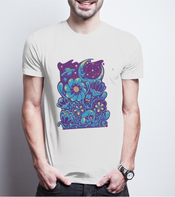 Zazz Corp White Cosmic Floral Planets Constellation T-Shirt