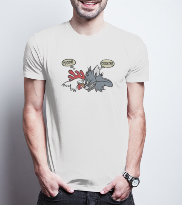 No Fear Pussy Chicken 1993 Rooster Cat Confrontation T-Shirt