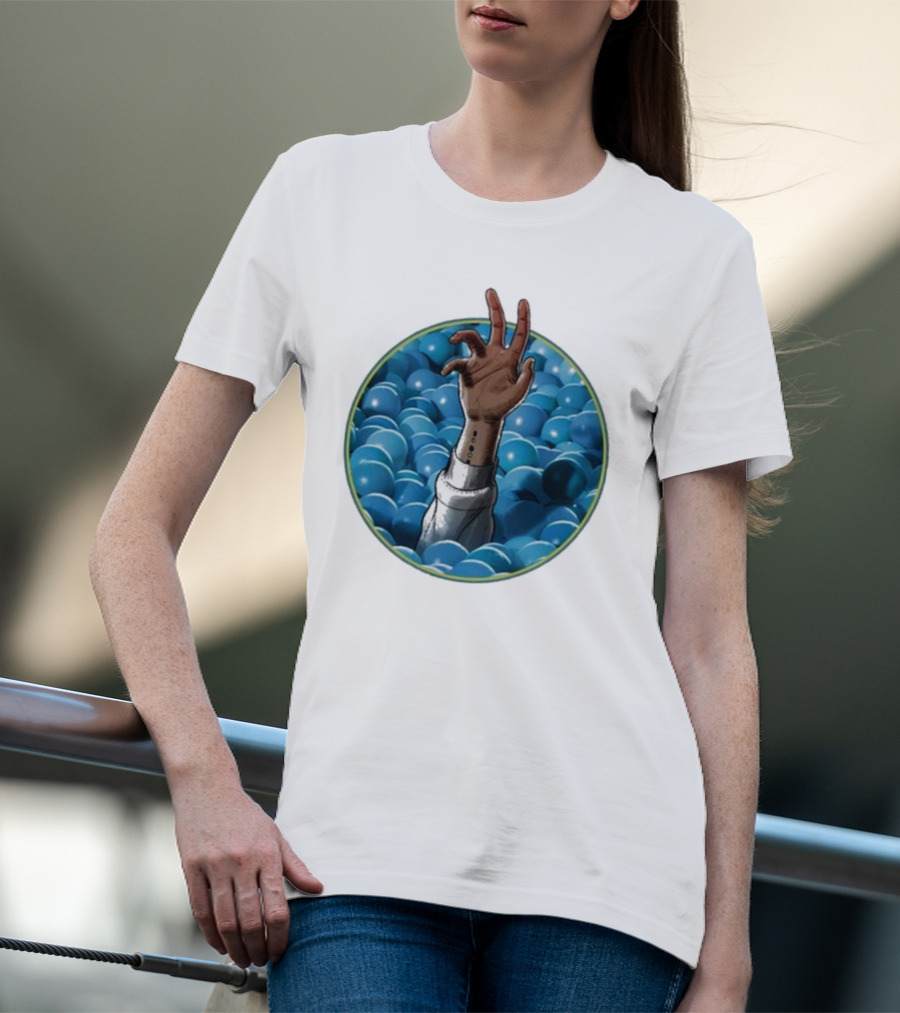Hand Reaching Out Of Blue Ballpit Sphere T-Shirt