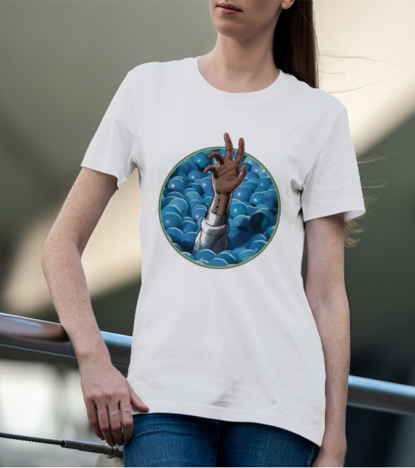 Hand Reaching Out Of Blue Ballpit Sphere T-Shirt