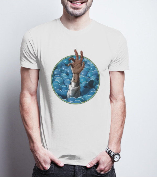 Hand Reaching Out Of Blue Ballpit Sphere T-Shirt