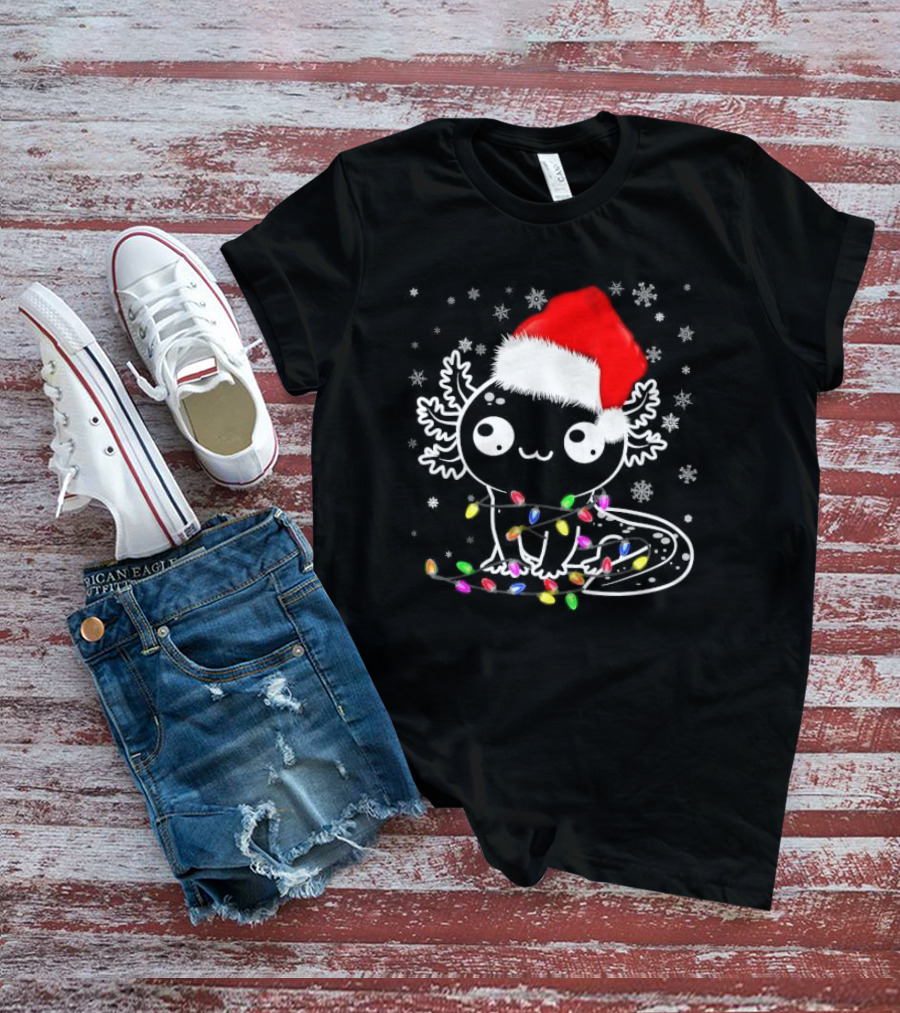 Santa Hat Axolotl Wrapped In Colorful Christmas Lights And Falling Snowflakes T-Shirt