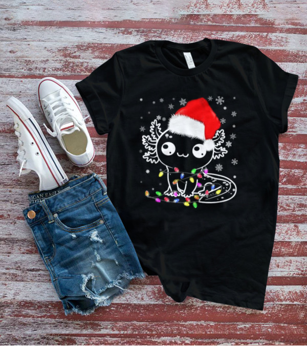 Santa Hat Axolotl Wrapped In Colorful Christmas Lights And Falling Snowflakes T-Shirt