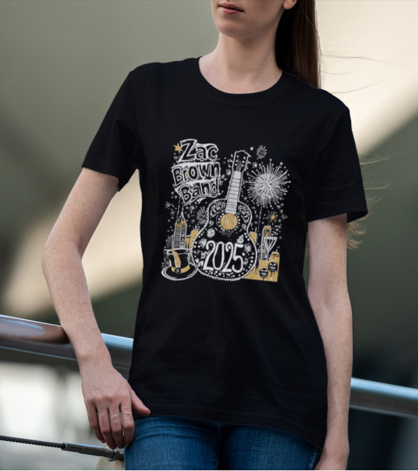 Zac Brown Band 2025 New Year's Eve Fireworks Guitar Atlanta Skyline T-Shirt