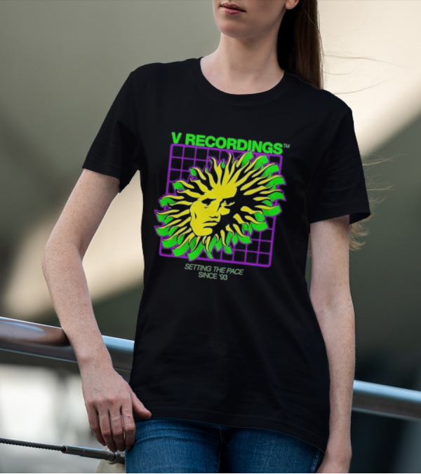 V Recordings Setting The Pace Since 93 Sunburst Face Retro Grid T-Shirt
