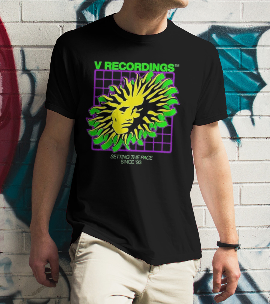 V Recordings Setting The Pace Since 93 Sunburst Face Retro Grid T-Shirt
