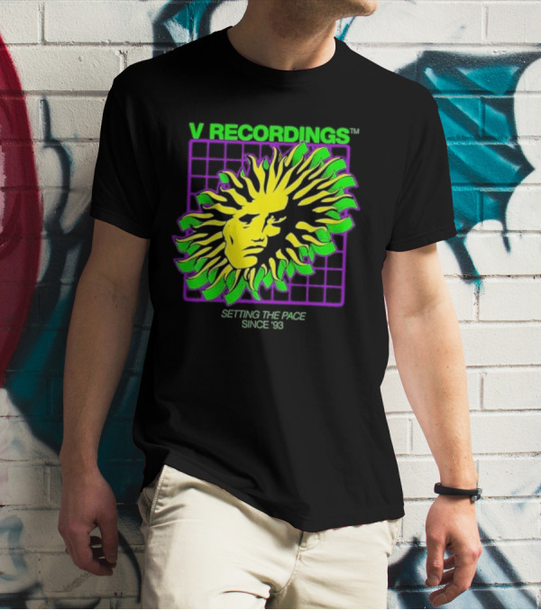 V Recordings Setting The Pace Since 93 Sunburst Face Retro Grid T-Shirt