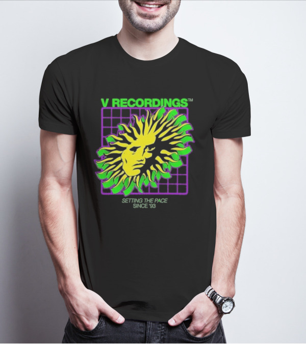 V Recordings Setting The Pace Since 93 Sunburst Face Retro Grid T-Shirt