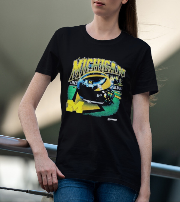 Michigan Wolverines Vintage Arch Shiny Football Helmet NCAA T-Shirt