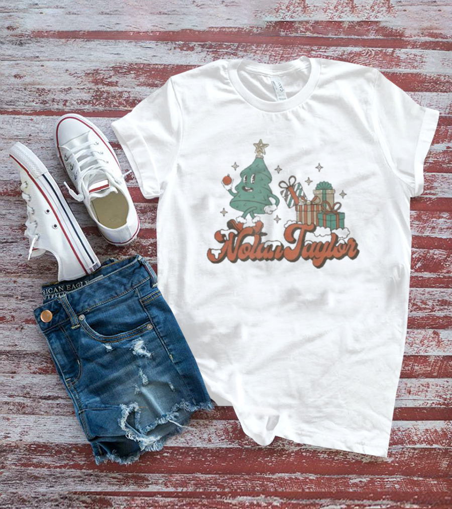 Nolan Taylor Festive Christmas Tree With Gifts And Snowy Stars T-Shirt