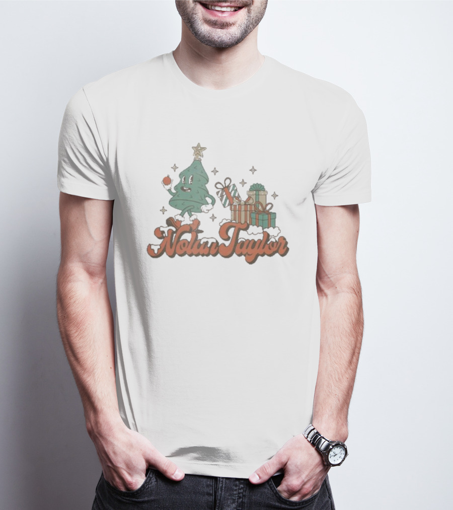 Nolan Taylor Festive Christmas Tree With Gifts And Snowy Stars T-Shirt