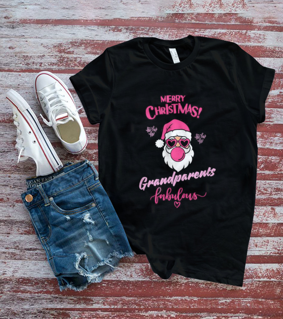 Merry Christmas Grandparents Fabulous Pink Santa Claus Heart Glasses T-Shirt