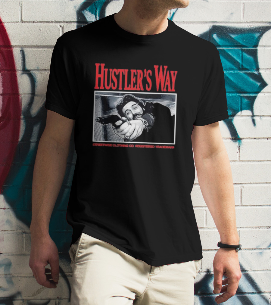 Hustler's Way Streetwise Clothing Co Registered Trademark Gunman Scene T-Shirt