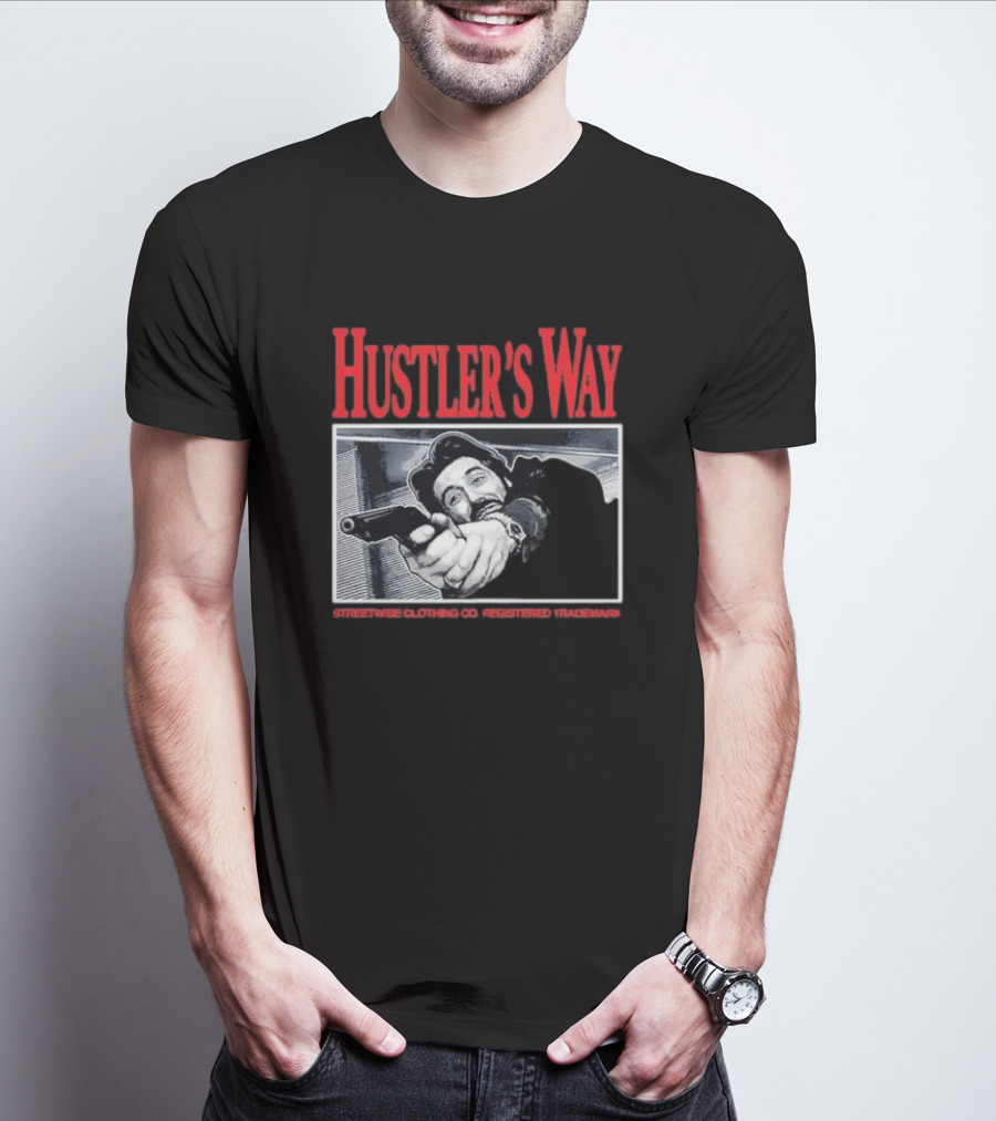 Hustler's Way Streetwise Clothing Co Registered Trademark Gunman Scene T-Shirt