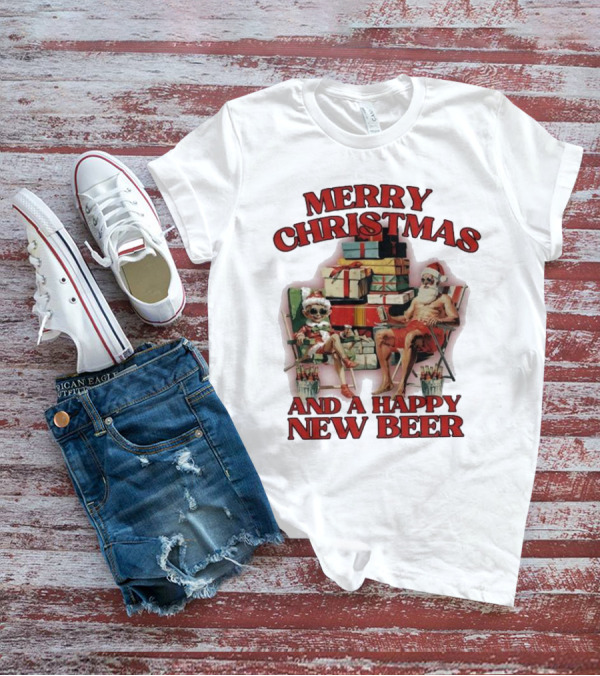 Merry Christmas And A Happy New Beer Skeleton Santa And Elf With Gifts T-Shirt