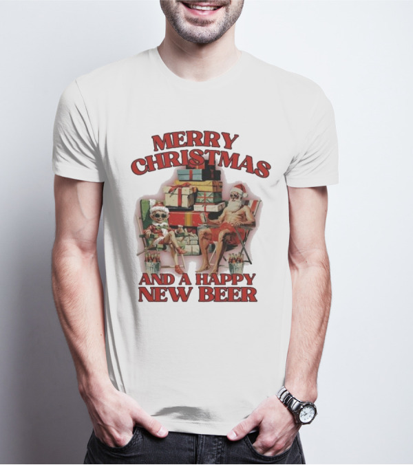 Merry Christmas And A Happy New Beer Skeleton Santa And Elf With Gifts T-Shirt