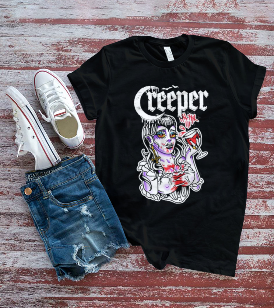 Creeper Vampire Lady With Wine Glass And Blood Splatter T-Shirt