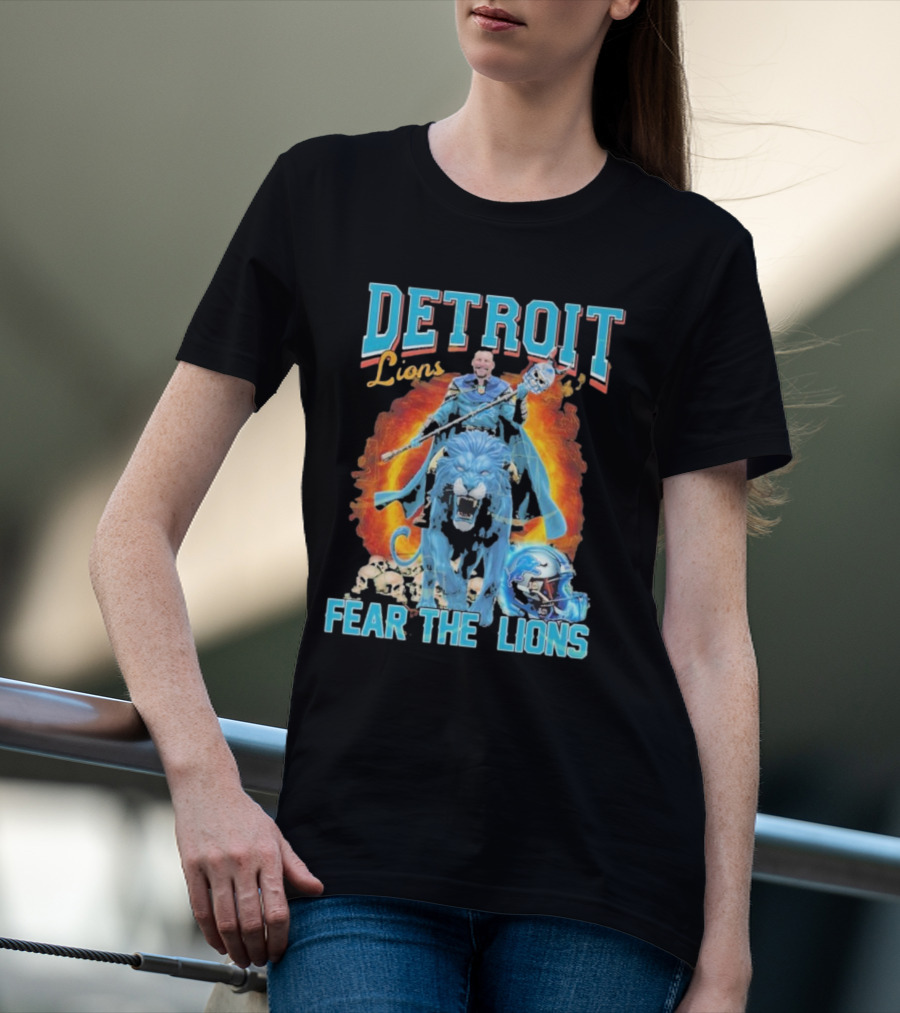 Detroit Lions Fear The Lions Blue Flame Warrior Helmets Skulls T-Shirt
