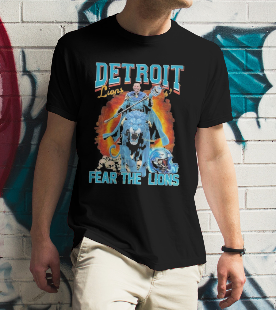 Detroit Lions Fear The Lions Blue Flame Warrior Helmets Skulls T-Shirt