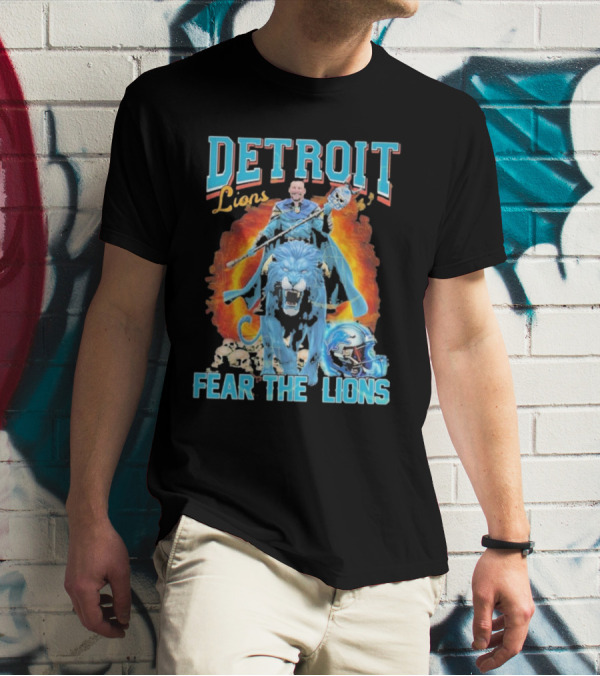 Detroit Lions Fear The Lions Blue Flame Warrior Helmets Skulls T-Shirt