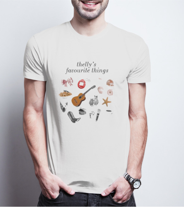 Thelly's Favourite Things Guitar Animals Microphone Starfish Shells Cowboy Boot Bow Pasta Tamagotchi T-Shirt