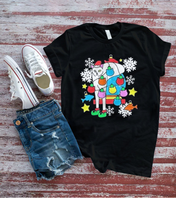Weird Little Holiday Cat With Santa Hat And Colorful Baubles Christmas T-Shirt
