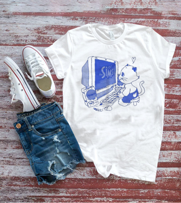 The Sims Loading Screen Cat Computer 90s Nostalgia Blue Graphics T-Shirt