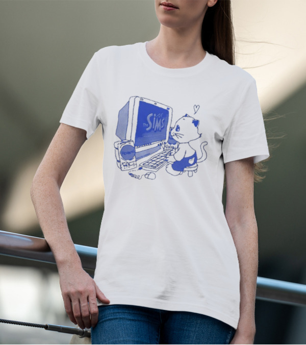 The Sims Loading Screen Cat Computer 90s Nostalgia Blue Graphics T-Shirt
