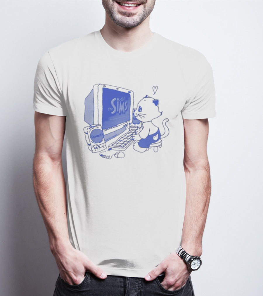 The Sims Loading Screen Cat Computer 90s Nostalgia Blue Graphics T-Shirt
