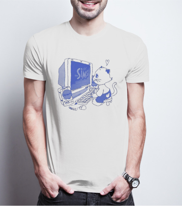 The Sims Loading Screen Cat Computer 90s Nostalgia Blue Graphics T-Shirt