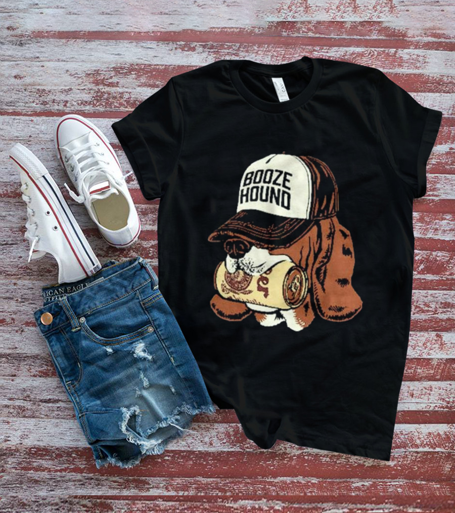 Booze Hound Dog Wearing Cap Holding Beer Can T-Shirt