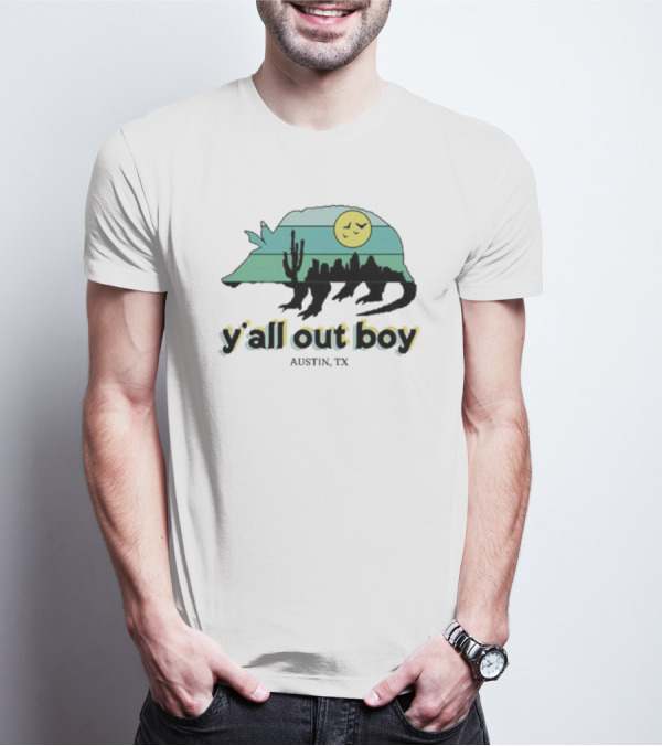 Y'all Out Boy Armadillo Austin TX Blue Gold Cactus Moon Skyline T-Shirt