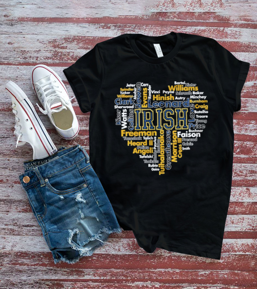 Notre Dame Fighting Irish Heart-Shaped Word Cloud Featuring Player Names For Fans And Supporters T-Shirt