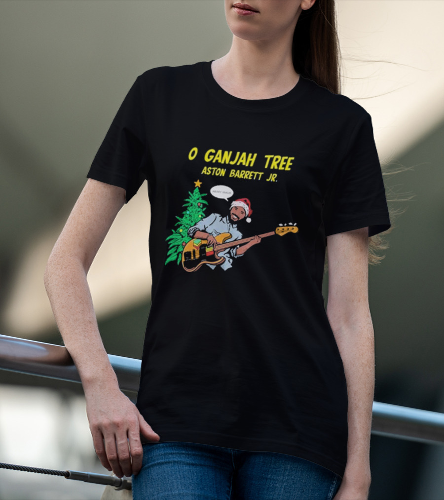 O Ganjah Tree Holiday Christmas Aston Barrett Jr Santa Hat Playing Guitar T-Shirt