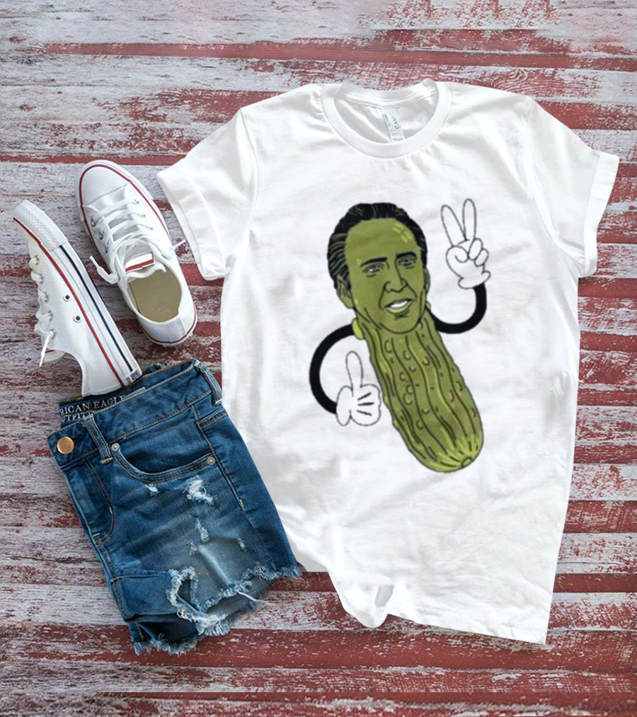 Picolas Cage Nick Cage Pickle Character With Peace Sign Christmas T-Shirt