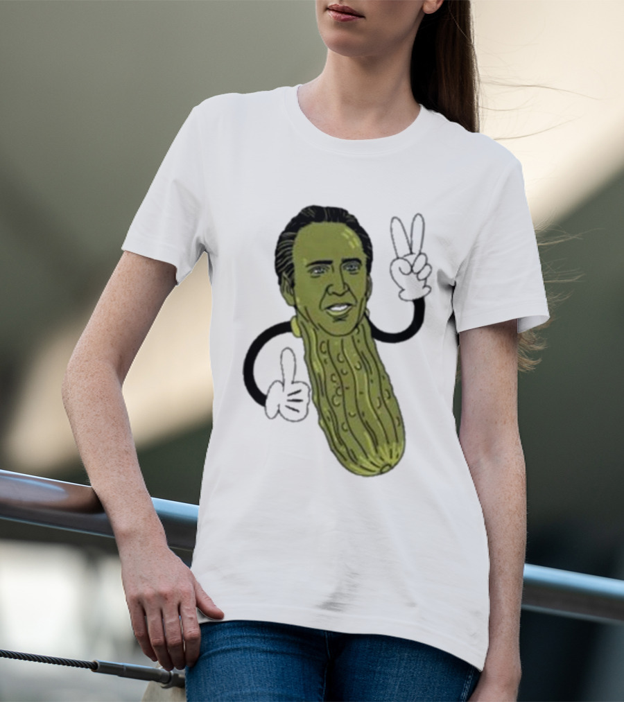 Picolas Cage Nick Cage Pickle Character With Peace Sign Christmas T-Shirt