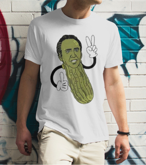 Picolas Cage Nick Cage Pickle Character With Peace Sign Christmas T-Shirt