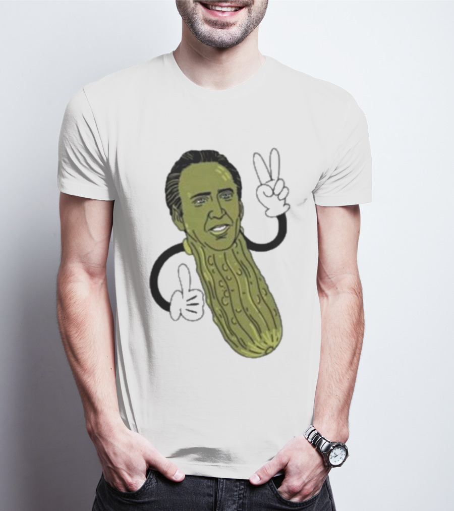 Picolas Cage Nick Cage Pickle Character With Peace Sign Christmas T-Shirt