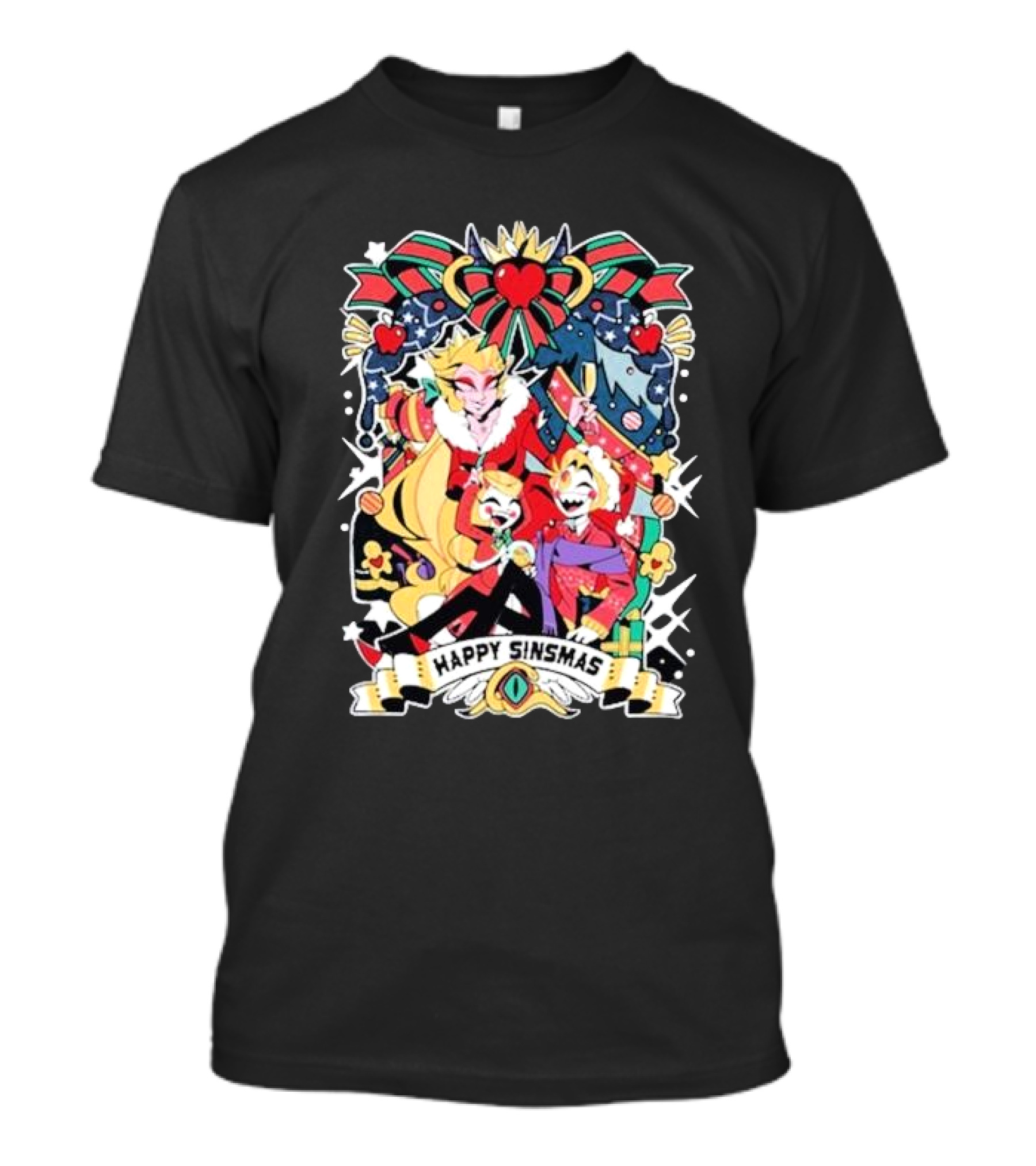 Hazbin Hotel Happy Sinsmas Christmas Celebration With Characters And Holiday Decorations T-Shirt