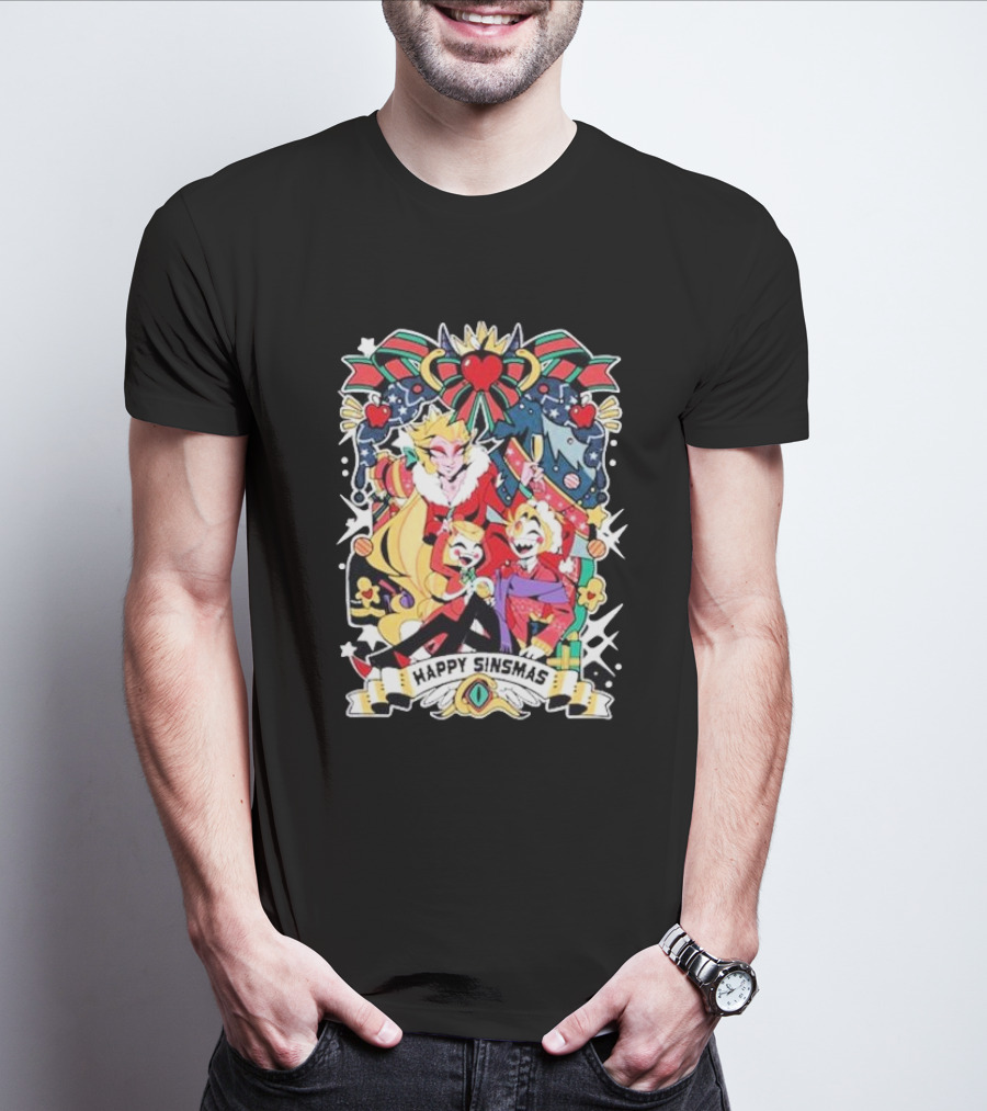 Hazbin Hotel Happy Sinsmas Christmas Celebration With Characters And Holiday Decorations T-Shirt