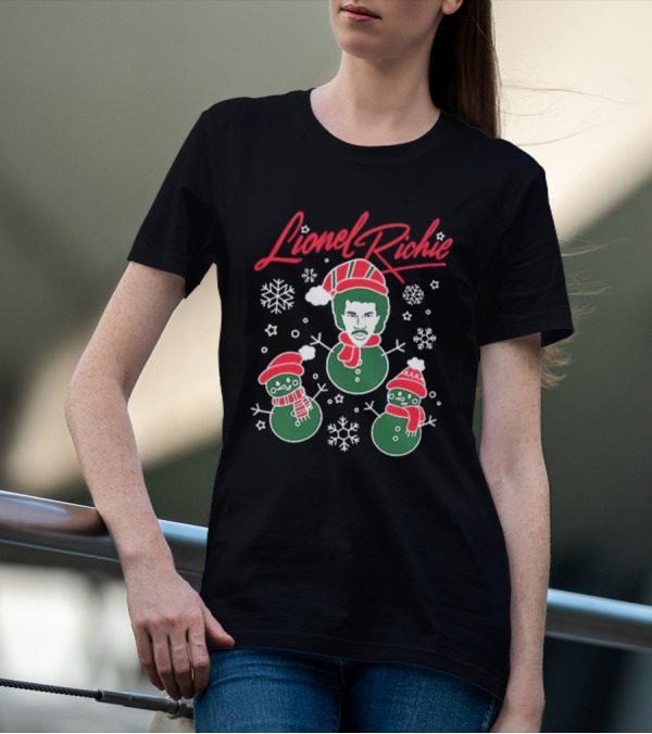 Lionel Richie Festive Snowman Trio With Red And Green Accents T-Shirt