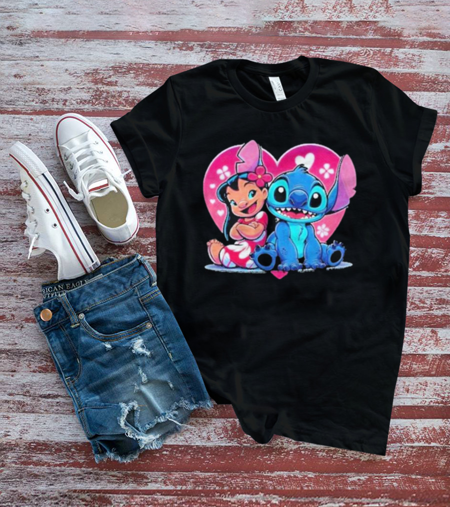 Lilo And Stitch Heart Background Pink Flower Ears Cute Characters T-Shirt