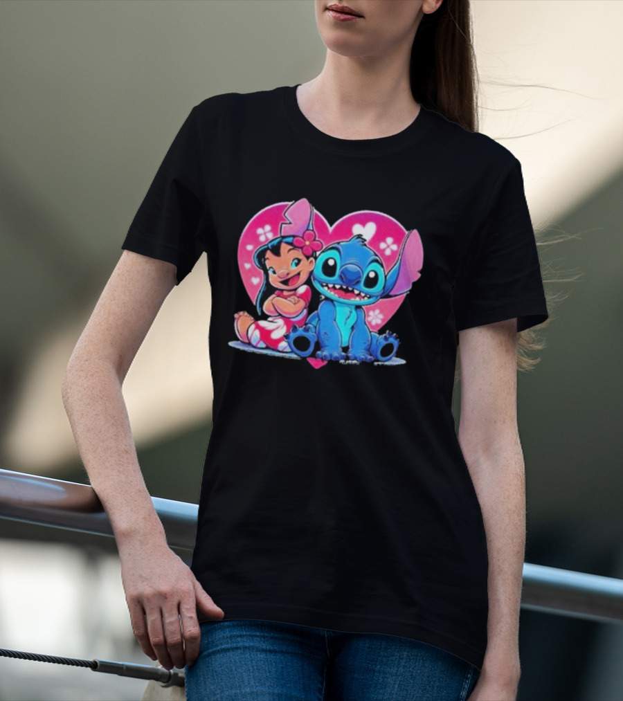 Lilo And Stitch Heart Background Pink Flower Ears Cute Characters T-Shirt