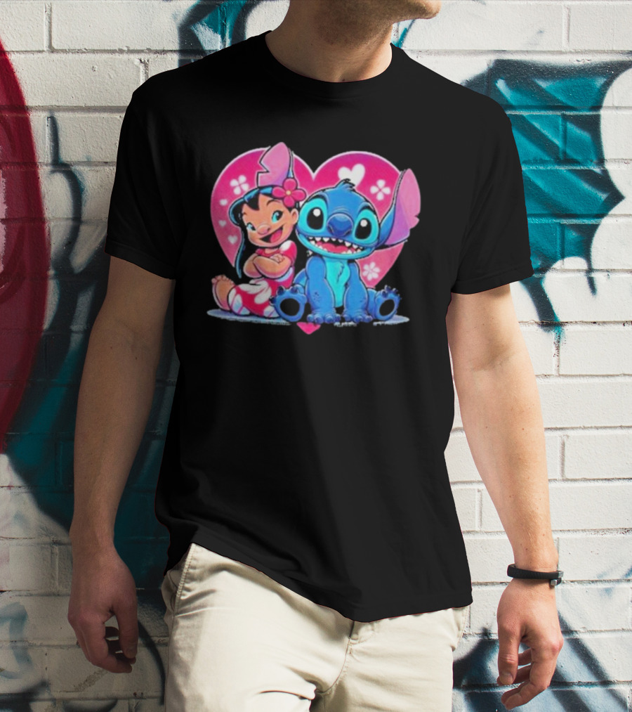Lilo And Stitch Heart Background Pink Flower Ears Cute Characters T-Shirt
