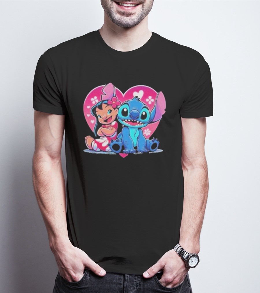 Lilo And Stitch Heart Background Pink Flower Ears Cute Characters T-Shirt